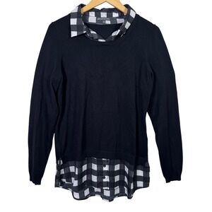 Adrianna Papell Womens Sweater Medium Black‎ Peekaboo Gingham Plaid Collar Shirt